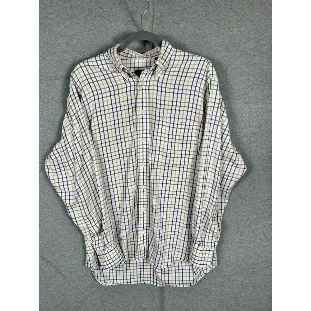 Gitman Bros Mens M Plaid Button Down Shirt Made in USA Cotton Blue Tan Cream